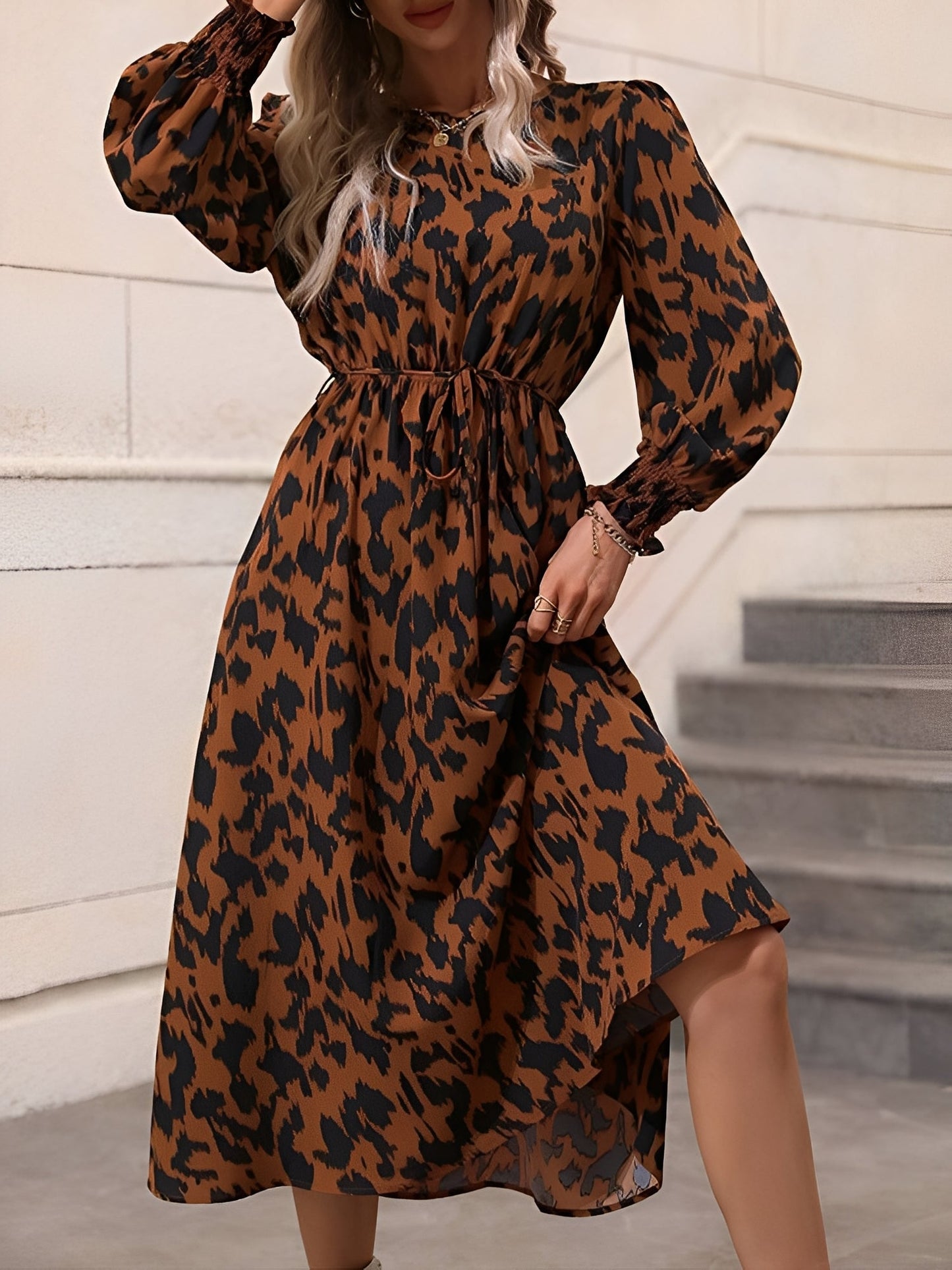 Leopard Print Tie Waist Long Sleeves A-Line Dress