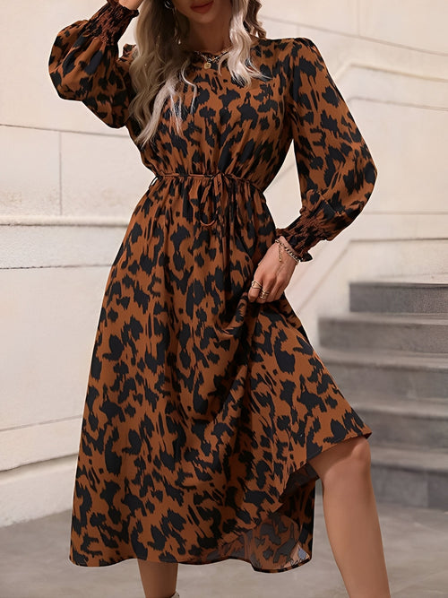 Leopard Print Tie Waist Long Sleeves A-Line Dress