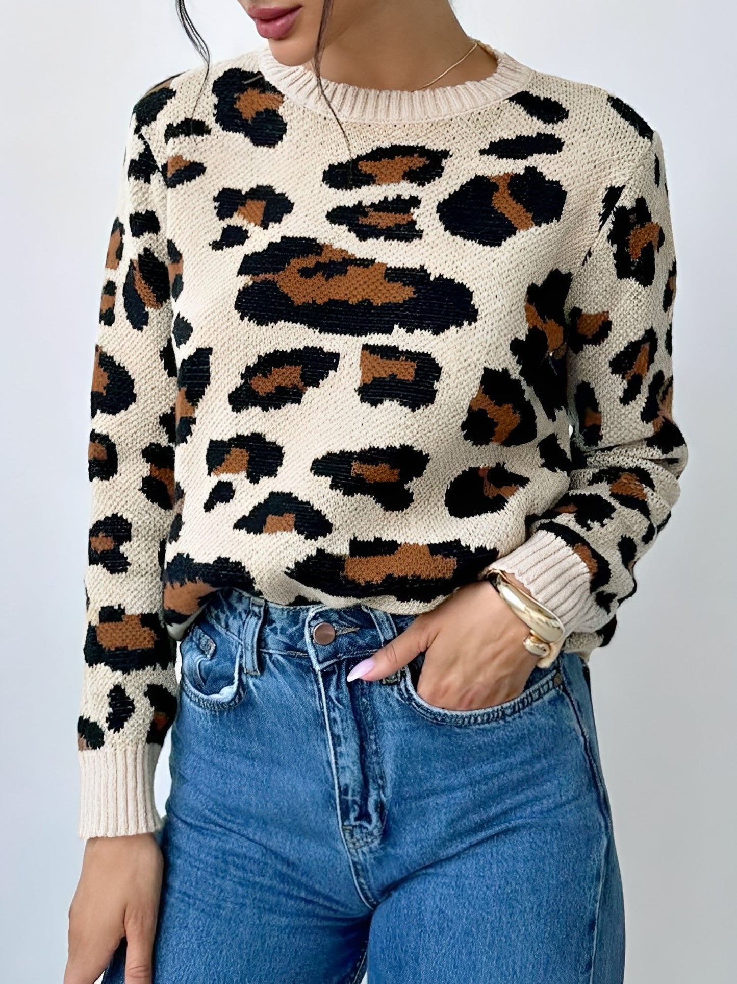Crew Neck Casual Leopard Print Pullover Sweater