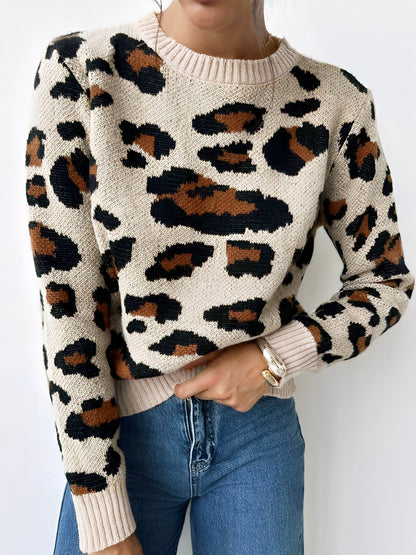 Crew Neck Casual Leopard Print Pullover Sweater