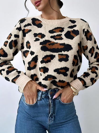 Crew Neck Casual Leopard Print Pullover Sweater