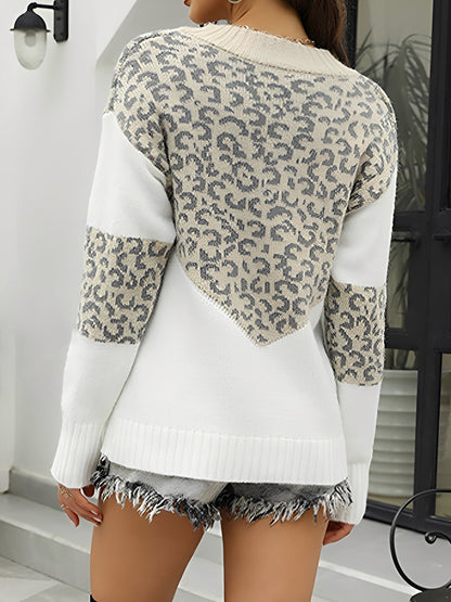Colorblock Leopard Print V Neck Pullover Sweater