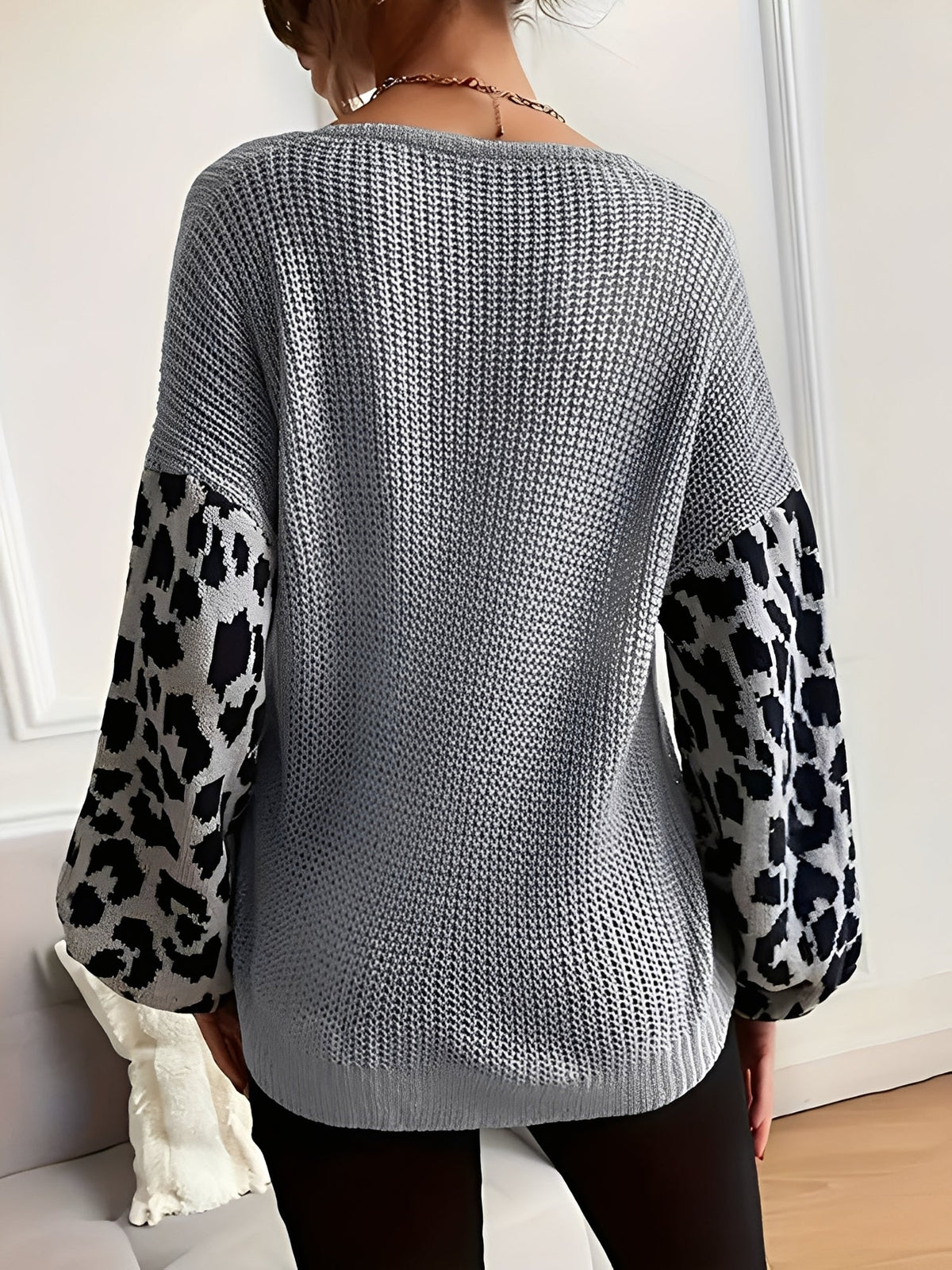 V Neck Leopard Print Casual Ribbed Knit Sweater