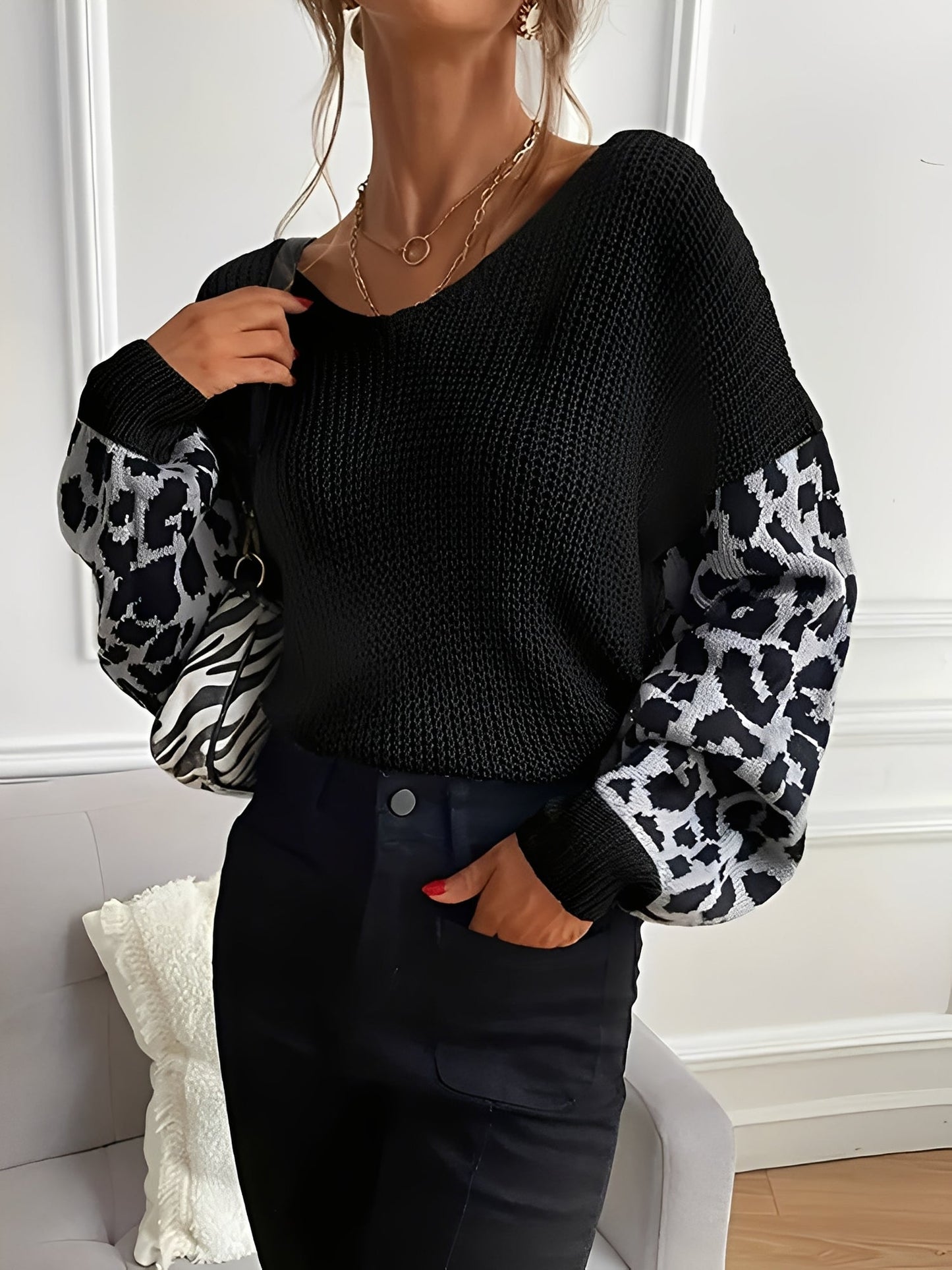 V Neck Leopard Print Casual Ribbed Knit Sweater