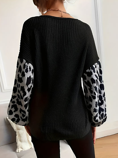 V Neck Leopard Print Casual Ribbed Knit Sweater