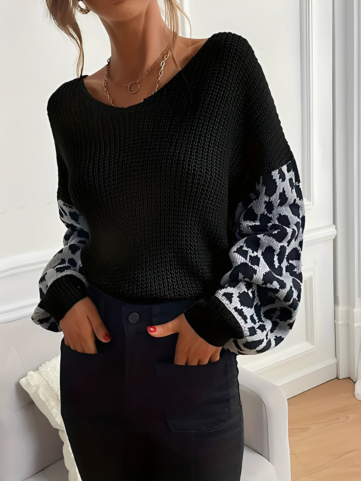 V Neck Leopard Print Casual Ribbed Knit Sweater