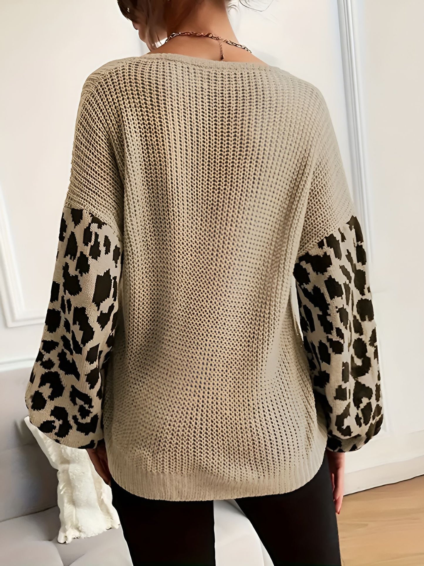 V Neck Leopard Print Casual Ribbed Knit Sweater