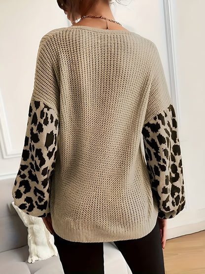 V Neck Leopard Print Casual Ribbed Knit Sweater