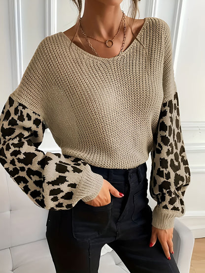 V Neck Leopard Print Casual Ribbed Knit Sweater