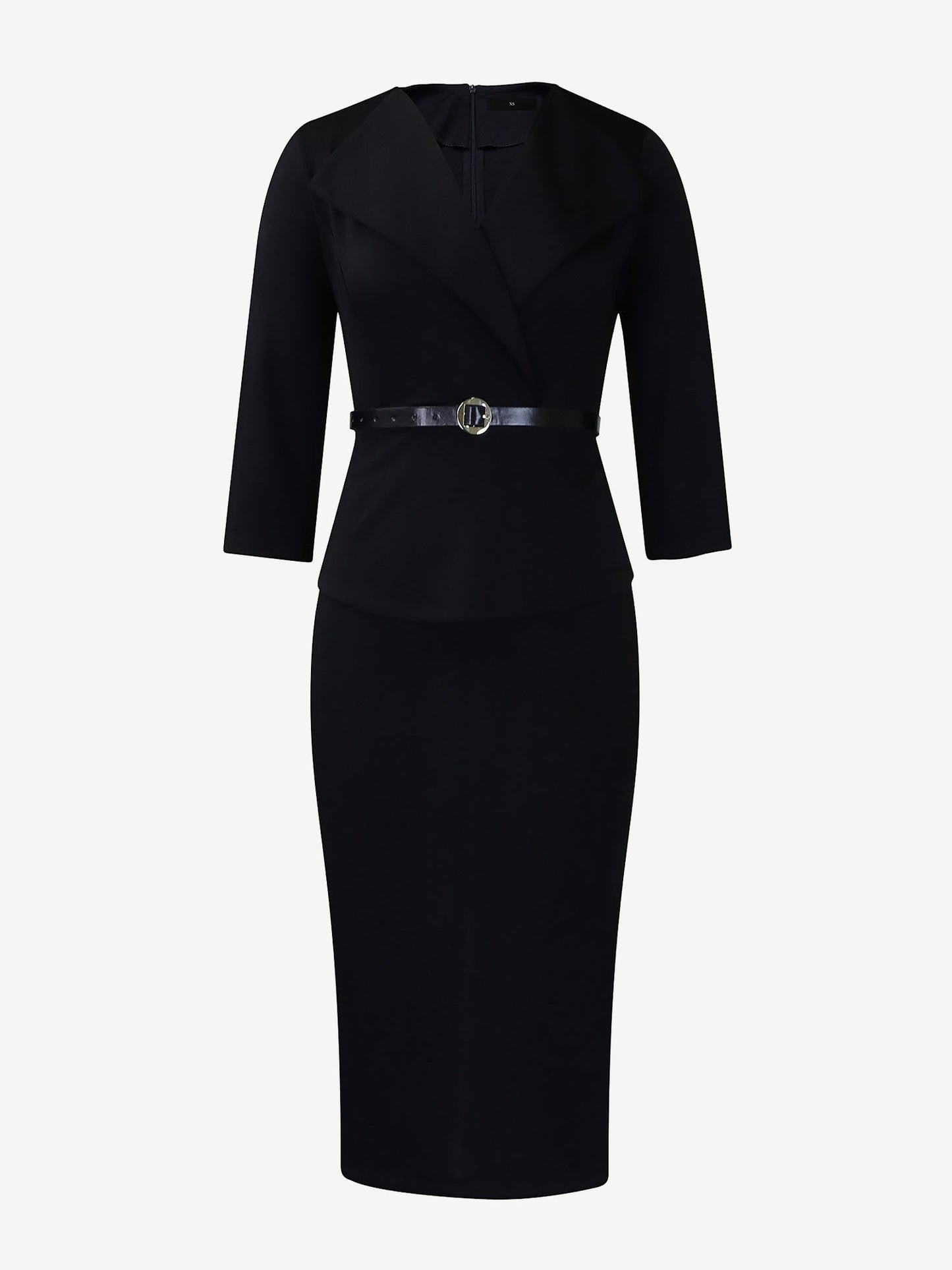 Lapel 3/4 Sleeves Belted Midi Sheath Dress