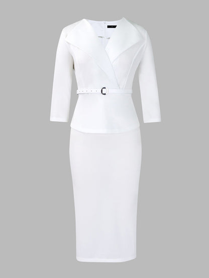 Lapel 3/4 Sleeves Belted Midi Sheath Dress