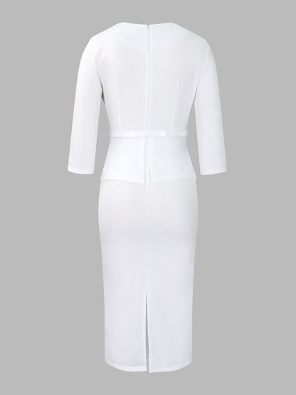 Lapel 3/4 Sleeves Belted Midi Sheath Dress