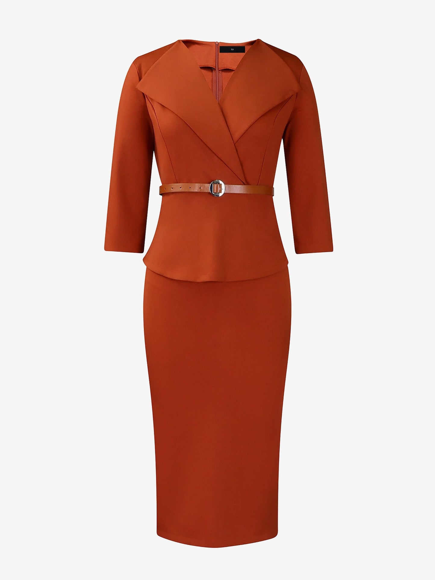 Lapel 3/4 Sleeves Belted Midi Sheath Dress