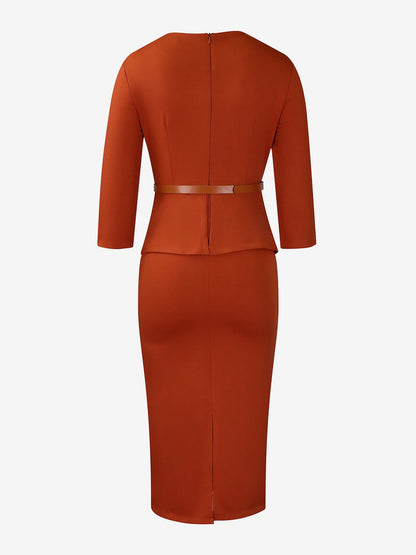 Lapel 3/4 Sleeves Belted Midi Sheath Dress