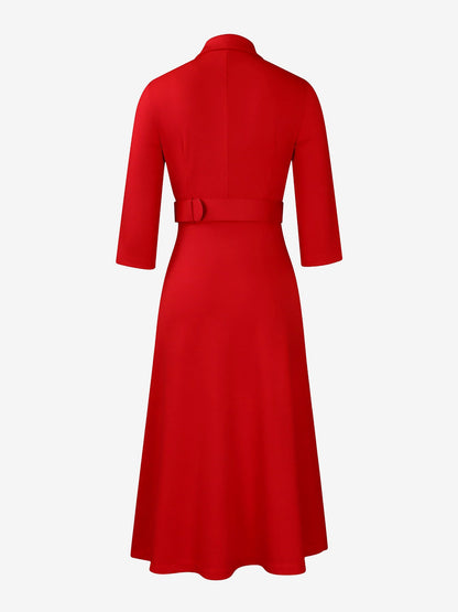 Notched Lapel Double-breasted Belted Midi Dress