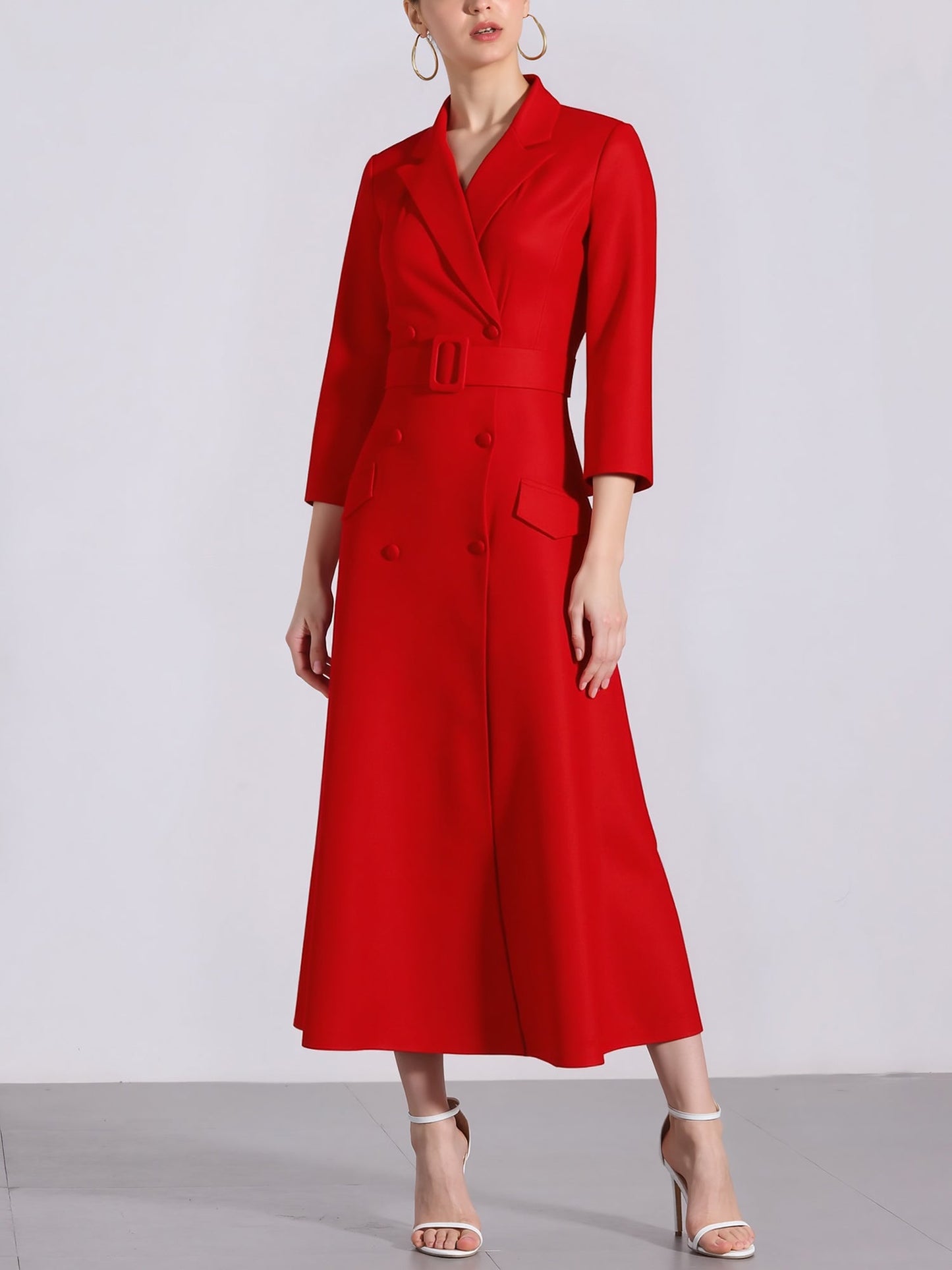 Notched Lapel Double-breasted Belted Midi Dress