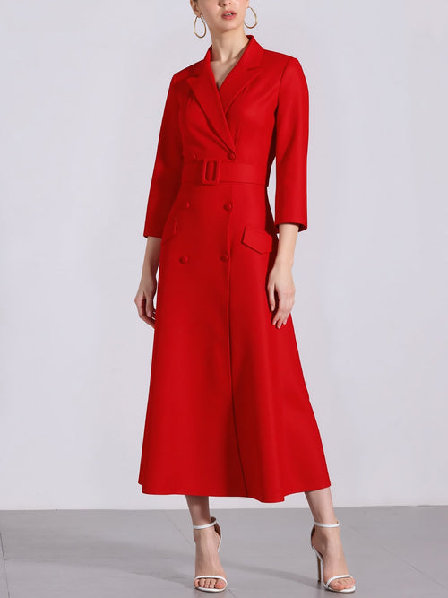 Notched Lapel Double-breasted Belted Midi Dress
