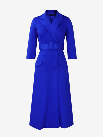 Notched Lapel Double-breasted Belted Midi Dress