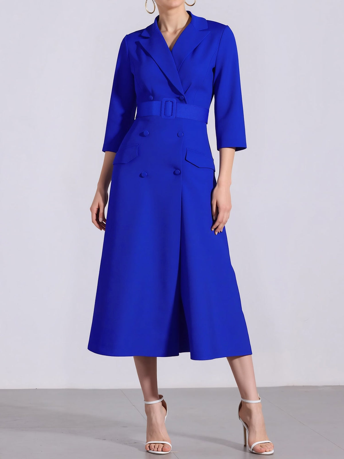 Notched Lapel Double-breasted Belted Midi Dress