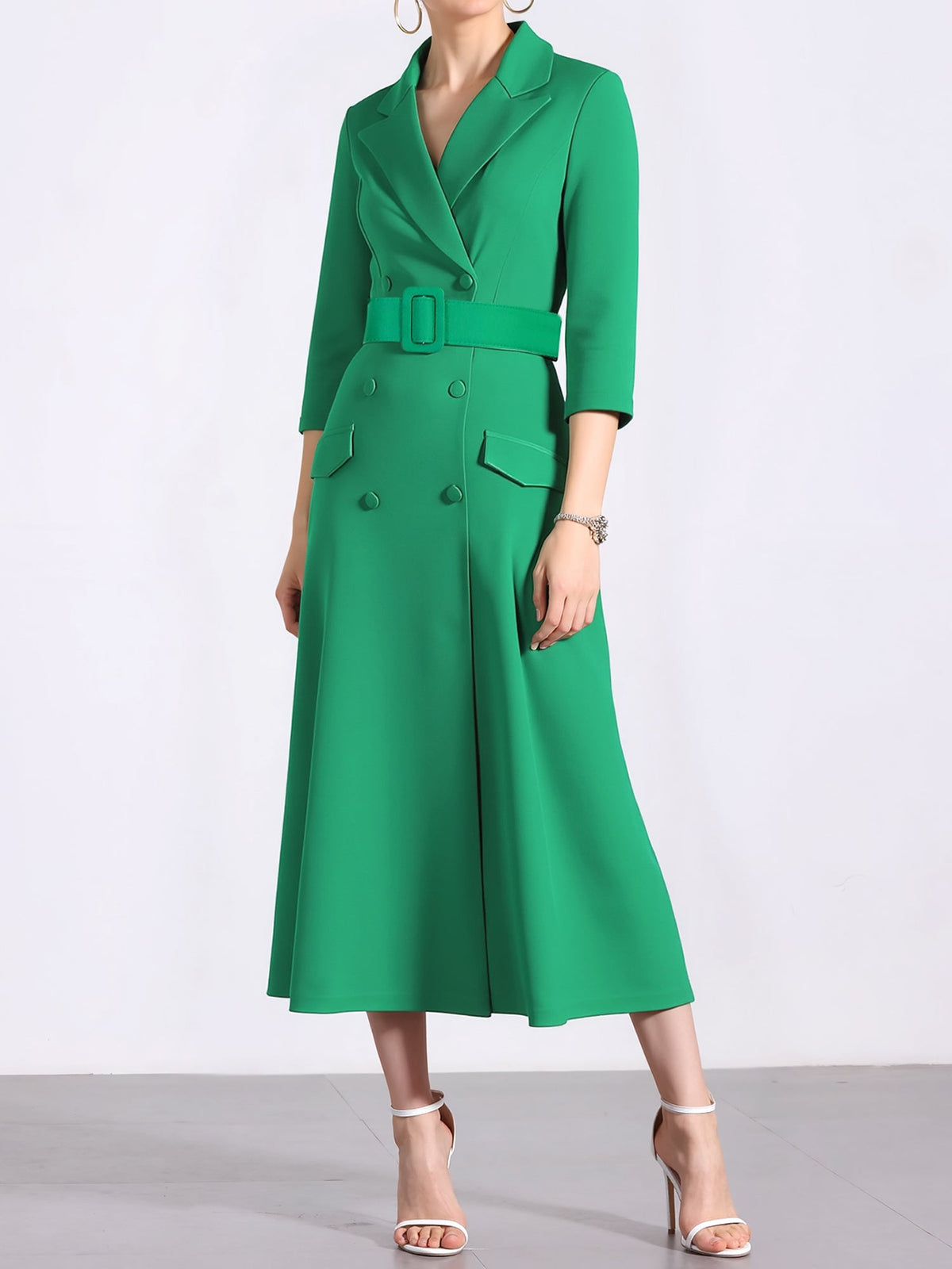 Notched Lapel Double-breasted Belted Midi Dress