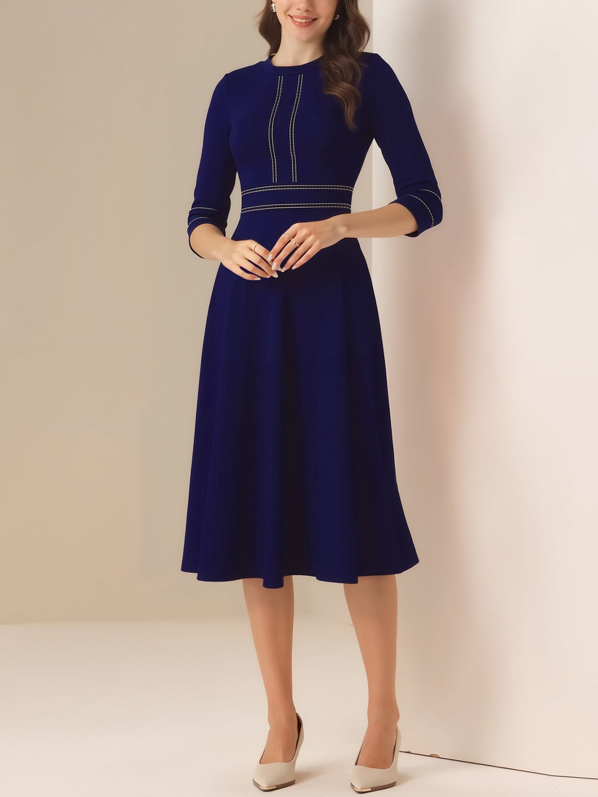 Round Neck 3/4 Sleeves A-Line Midi Work Dress