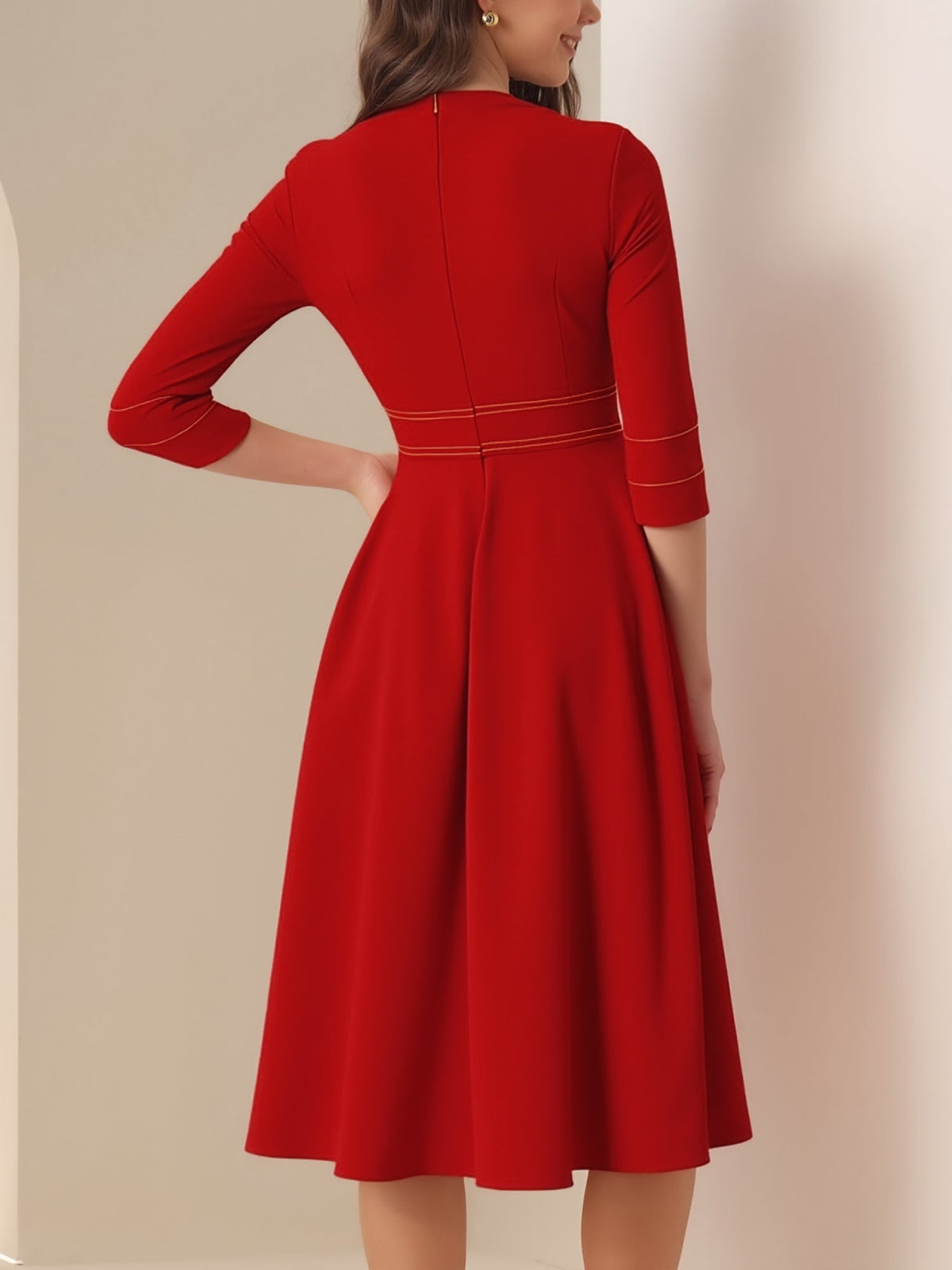 Round Neck 3/4 Sleeves A-Line Midi Work Dress
