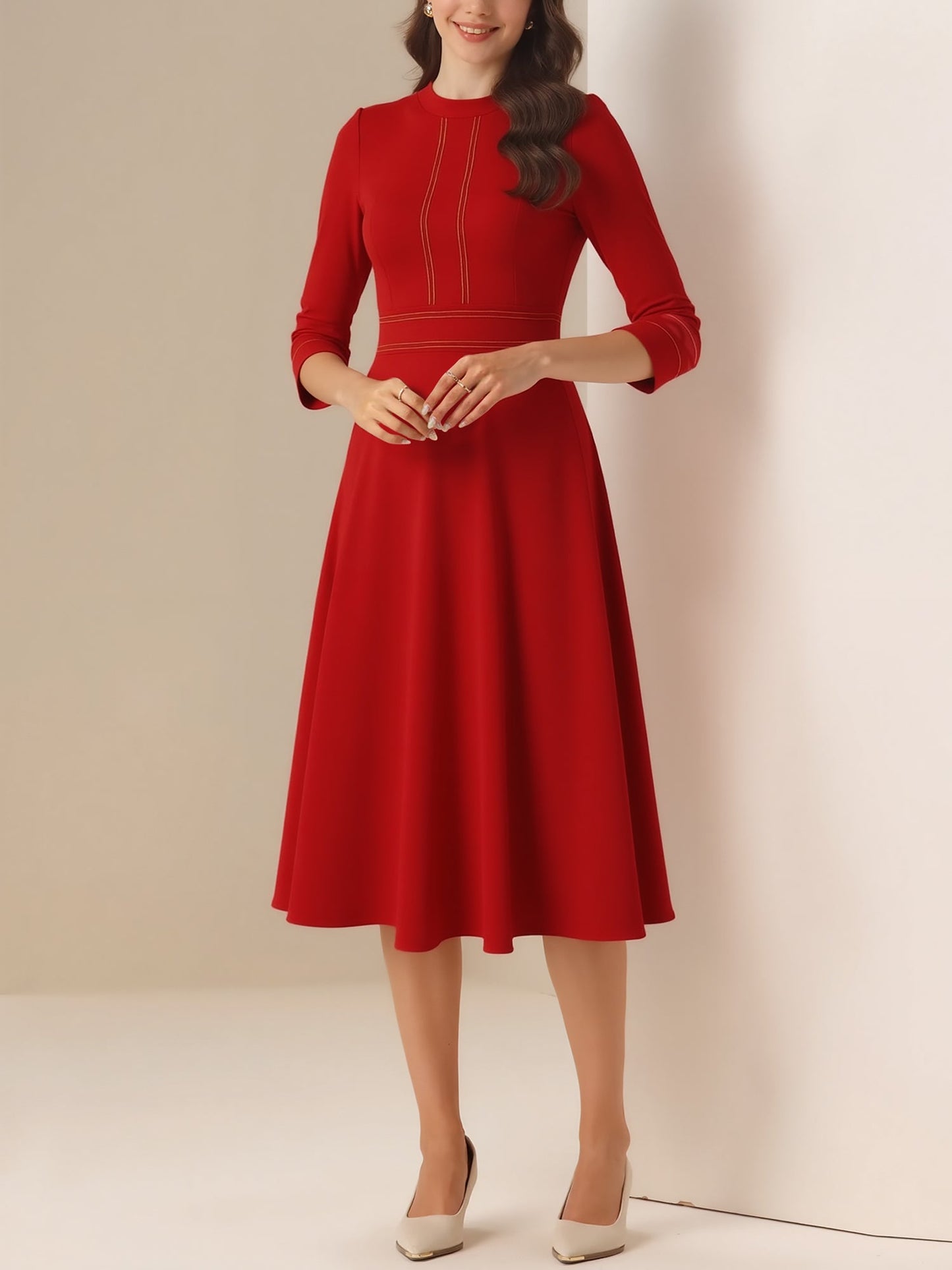 Round Neck 3/4 Sleeves A-Line Midi Work Dress