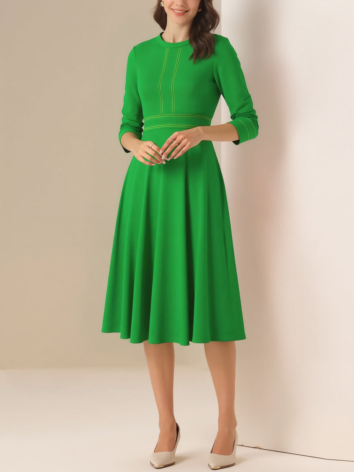 Round Neck 3/4 Sleeves A-Line Midi Work Dress