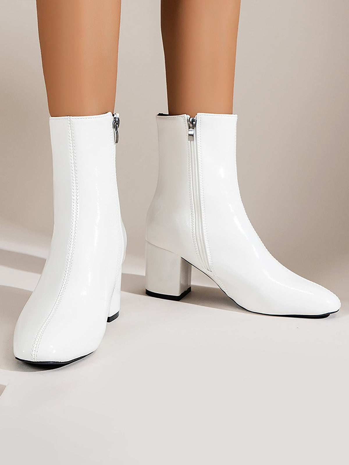 Square Toe Side Zipper Thick Heels Ankle Boots