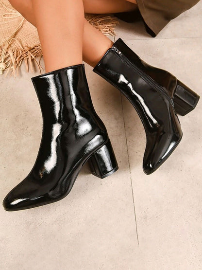 Square Toe Side Zipper Thick Heels Ankle Boots