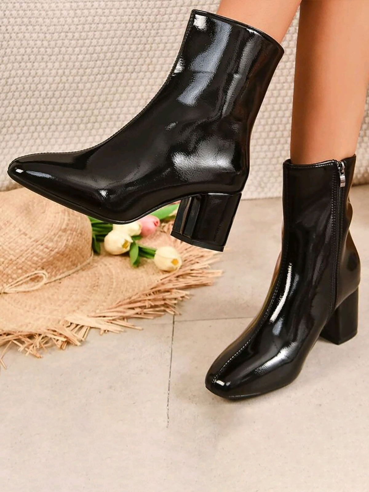 Square Toe Side Zipper Thick Heels Ankle Boots