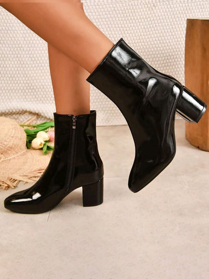 Square Toe Side Zipper Thick Heels Ankle Boots