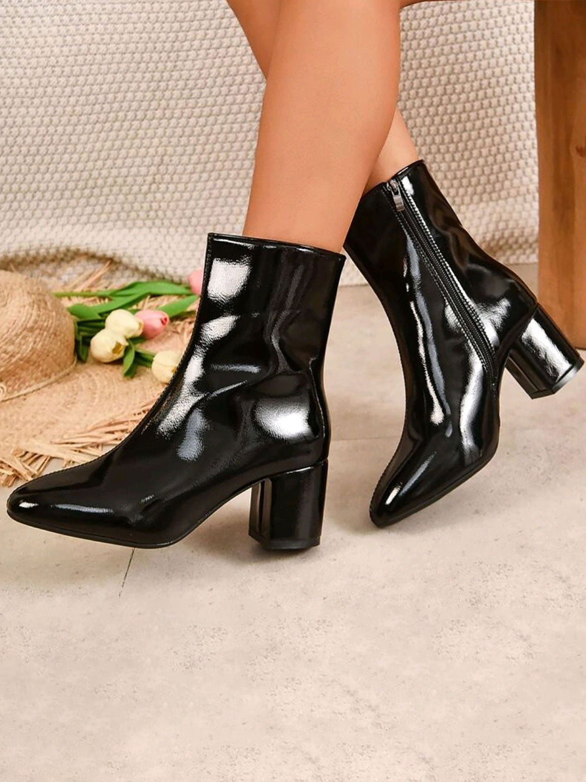 Square Toe Side Zipper Thick Heels Ankle Boots