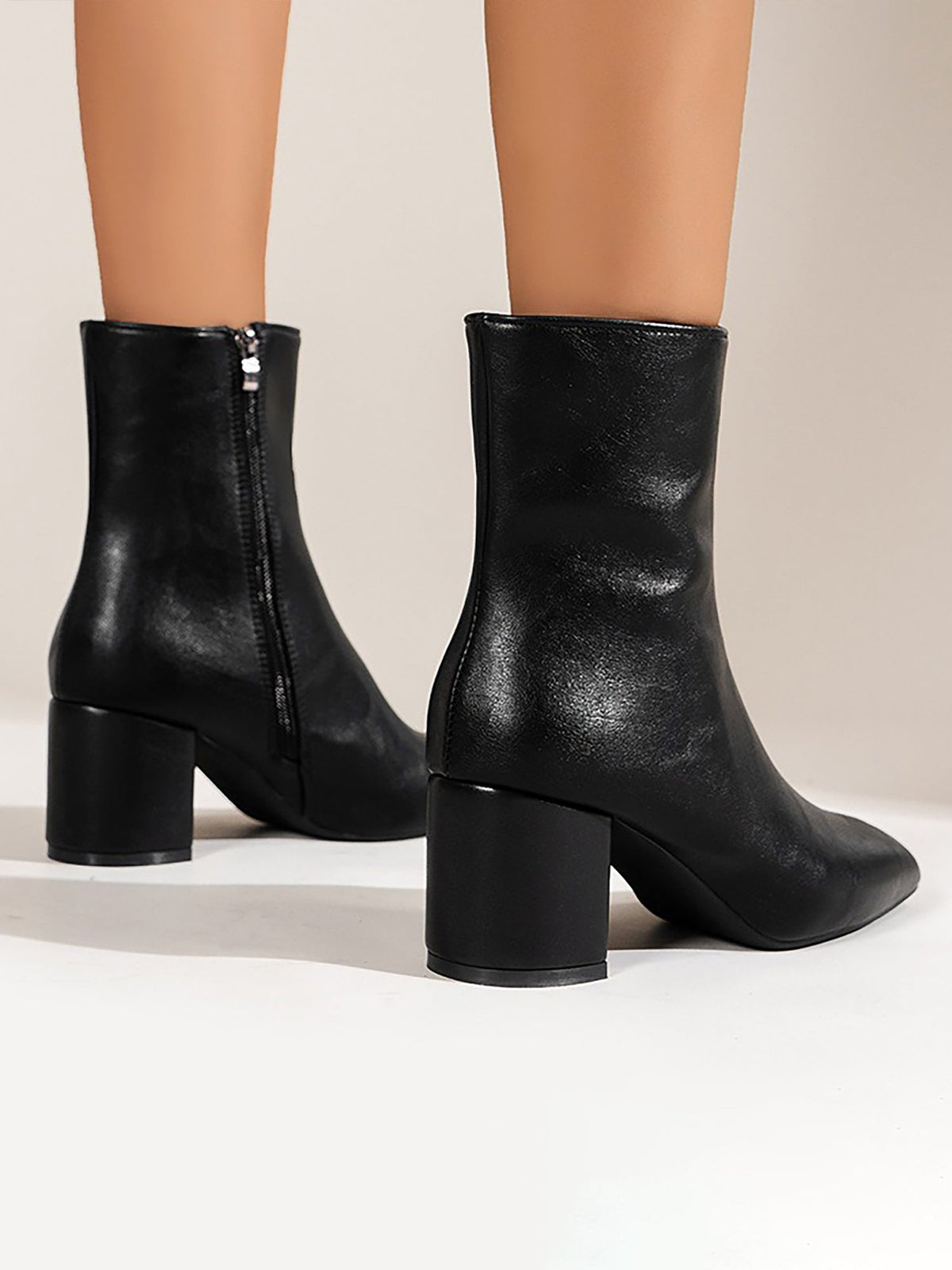 Faux Leather Square Toe Side Zipper Ankle Boots