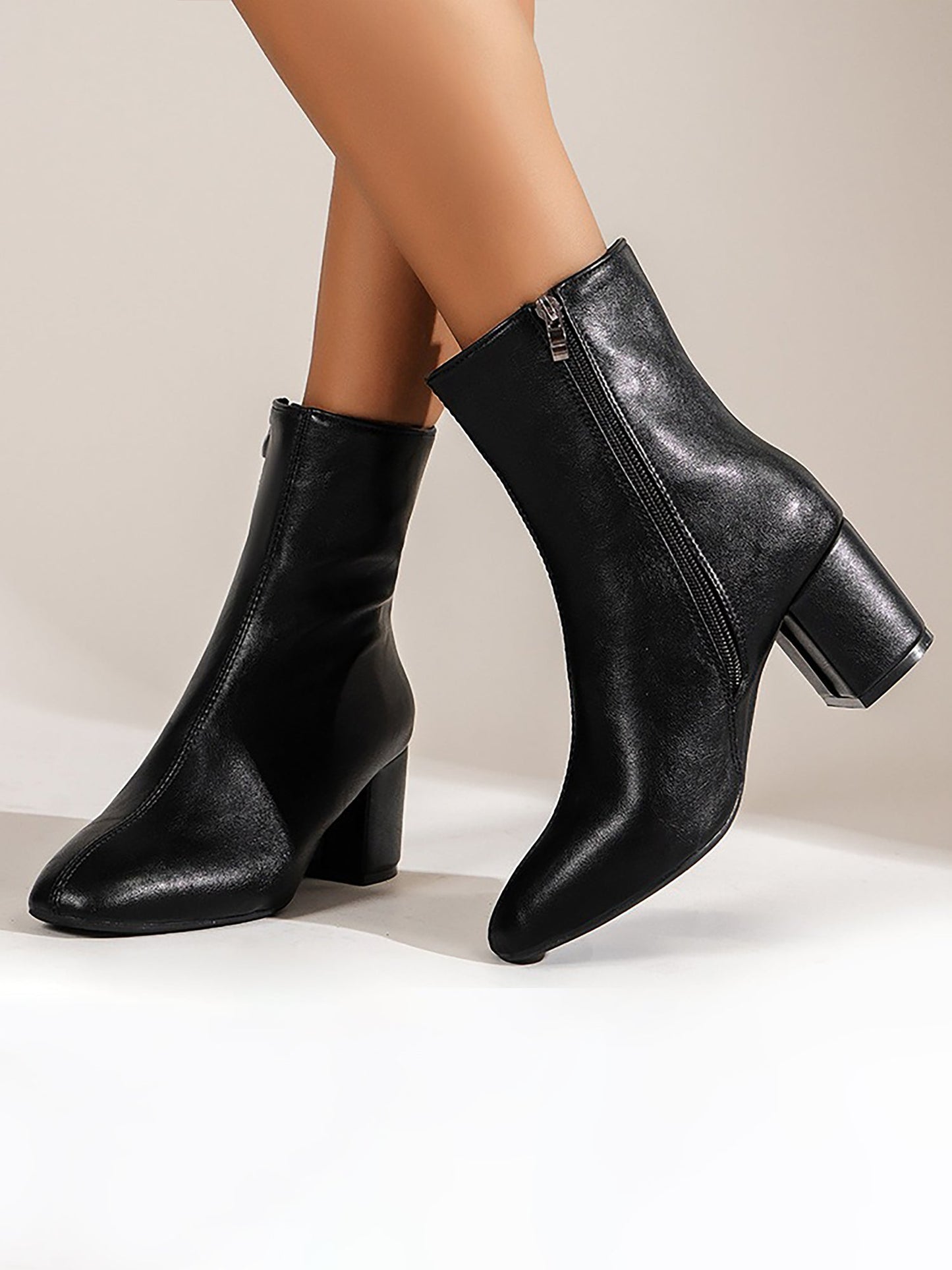 Faux Leather Square Toe Side Zipper Ankle Boots