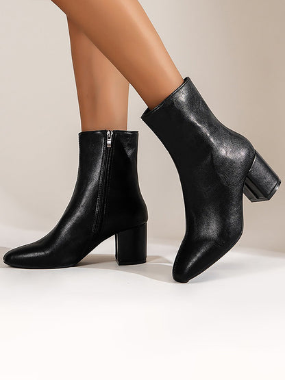 Faux Leather Square Toe Side Zipper Ankle Boots