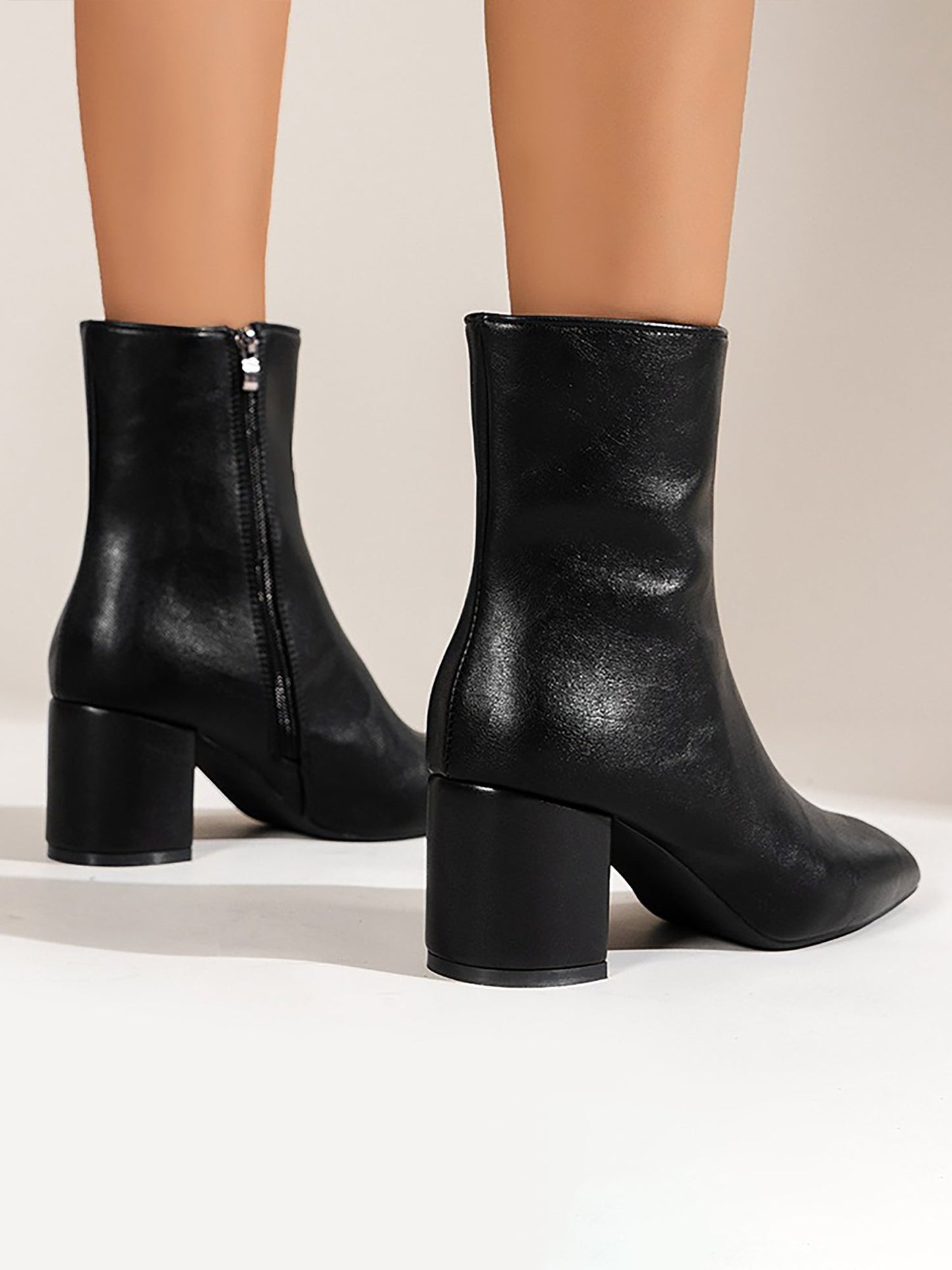 Faux Leather Square Toe Side Zipper Ankle Boots