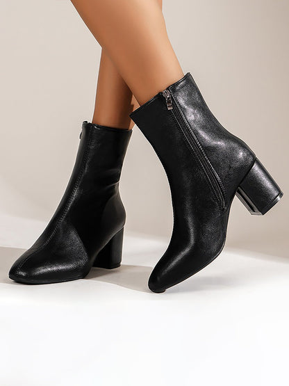 Faux Leather Square Toe Side Zipper Ankle Boots