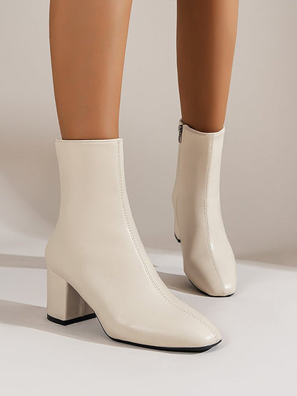 Faux Leather Square Toe Side Zipper Ankle Boots