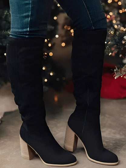 Faux Suede Round Toe Chunky Heel Knee High Boots