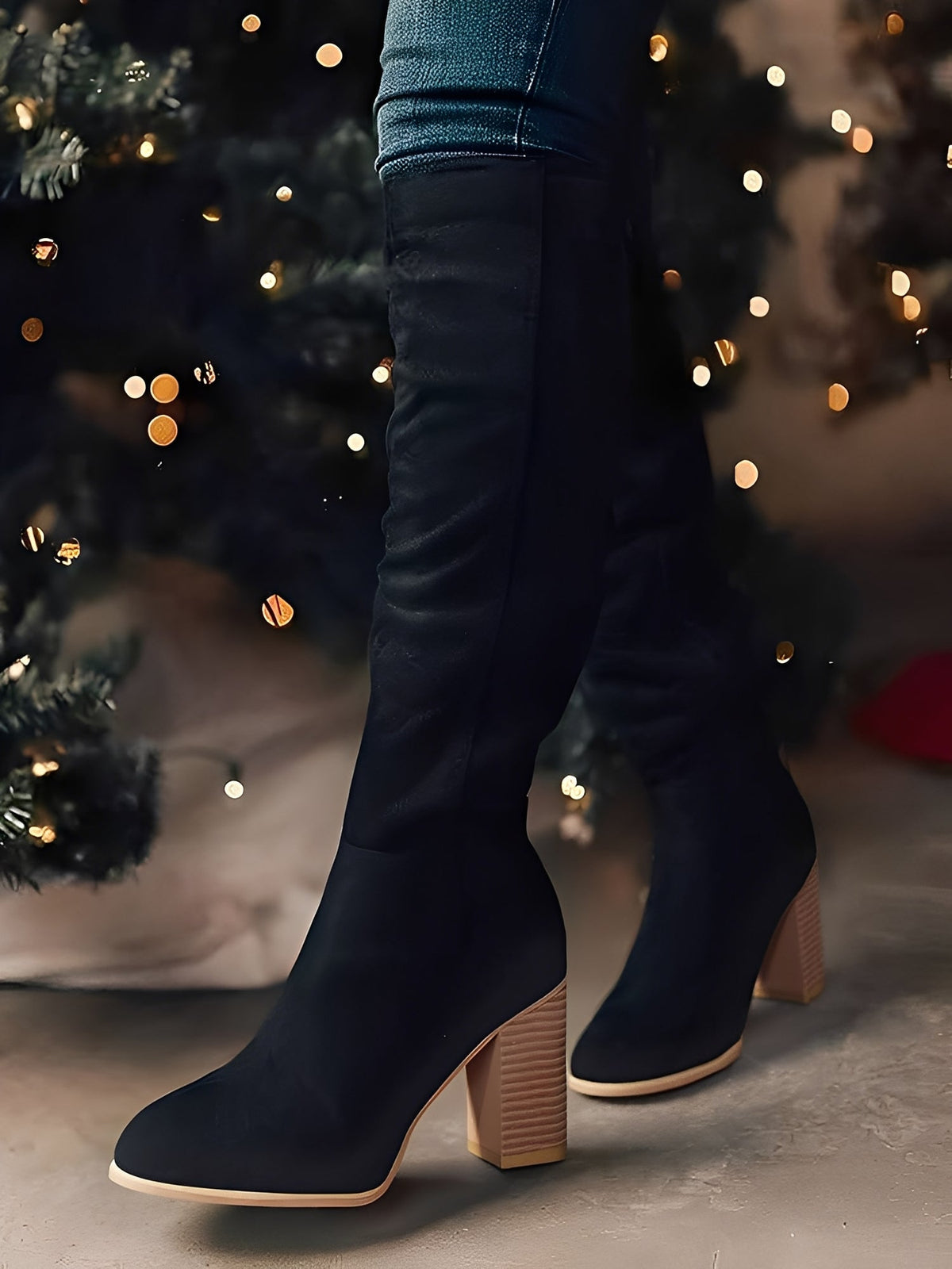 Faux Suede Round Toe Chunky Heel Knee High Boots