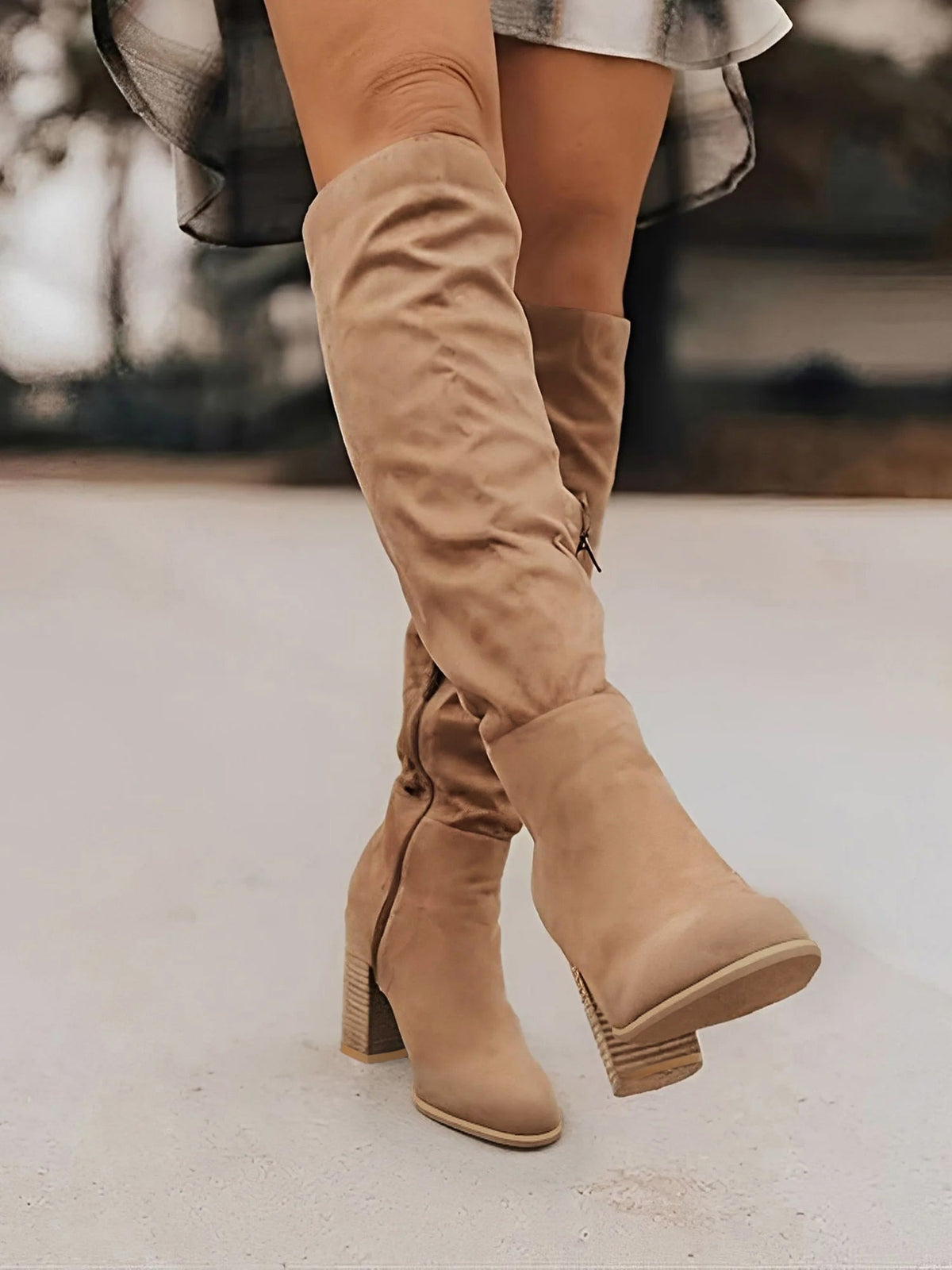 Faux Suede Round Toe Chunky Heel Knee High Boots