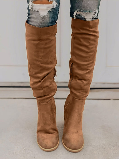 Faux Suede Round Toe Chunky Heel Knee High Boots