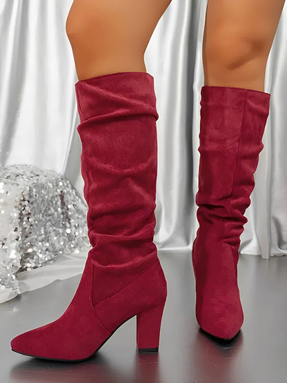 Pointed Toe Faux Suede Chunky Heel Knee High Boots