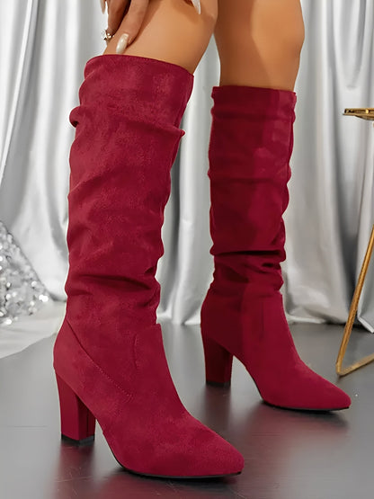 Pointed Toe Faux Suede Chunky Heel Knee High Boots