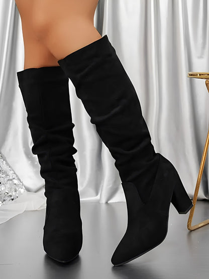 Pointed Toe Faux Suede Chunky Heel Knee High Boots