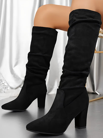 Pointed Toe Faux Suede Chunky Heel Knee High Boots