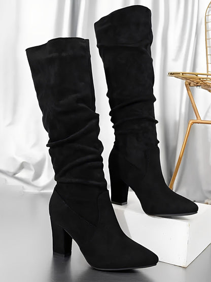 Pointed Toe Faux Suede Chunky Heel Knee High Boots