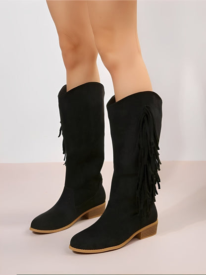 Faux Suede Tasseled Cowgirl Knee High Boots
