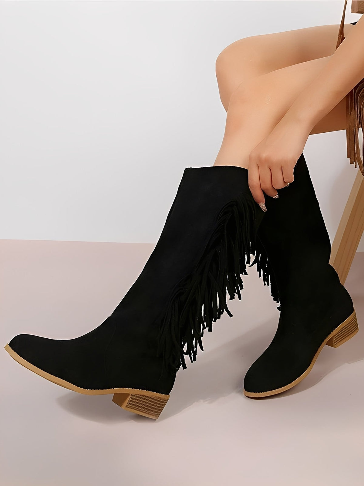 Faux Suede Tasseled Cowgirl Knee High Boots